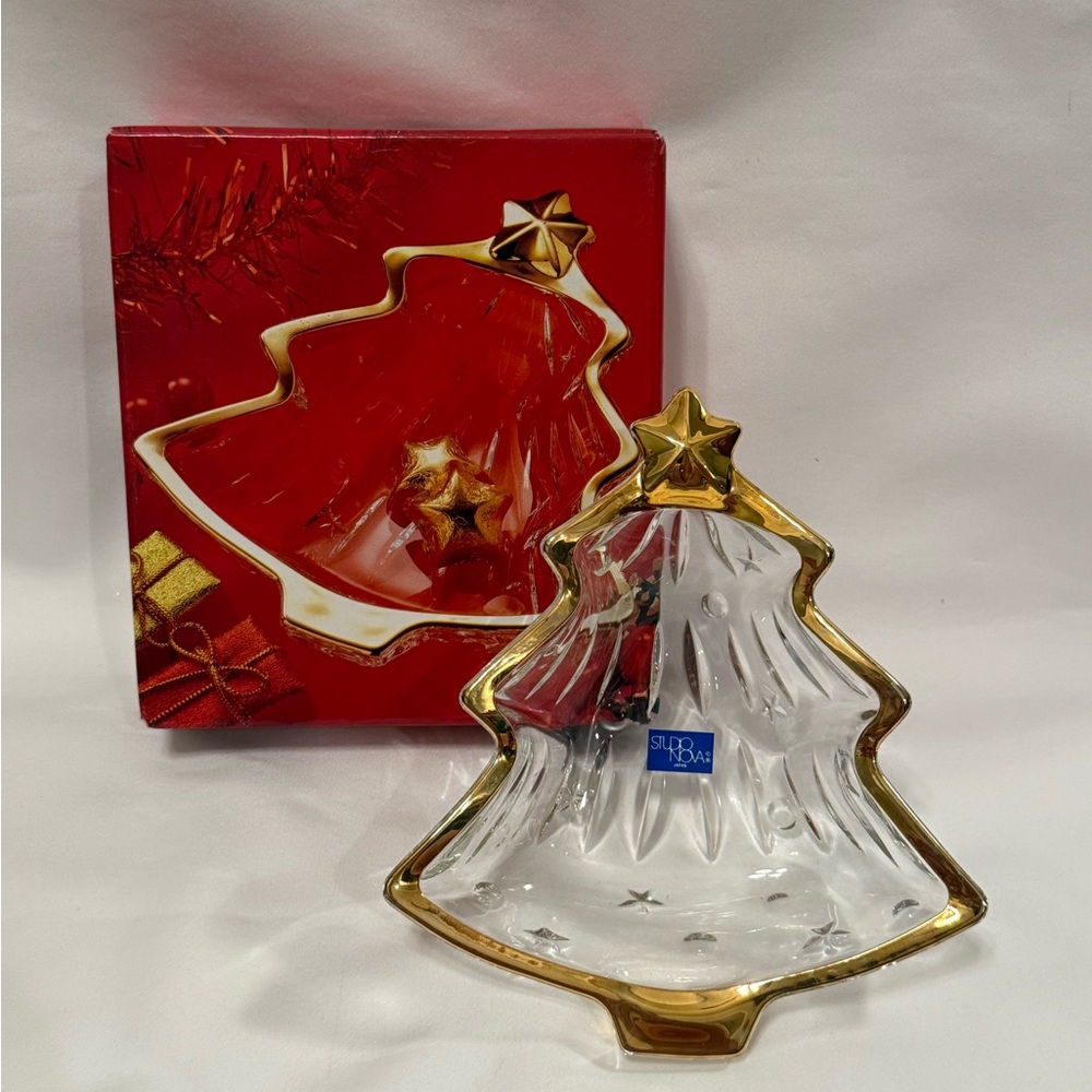Studio Nova NIB Festive Glass with Gold Rim Christmas Tree Tray